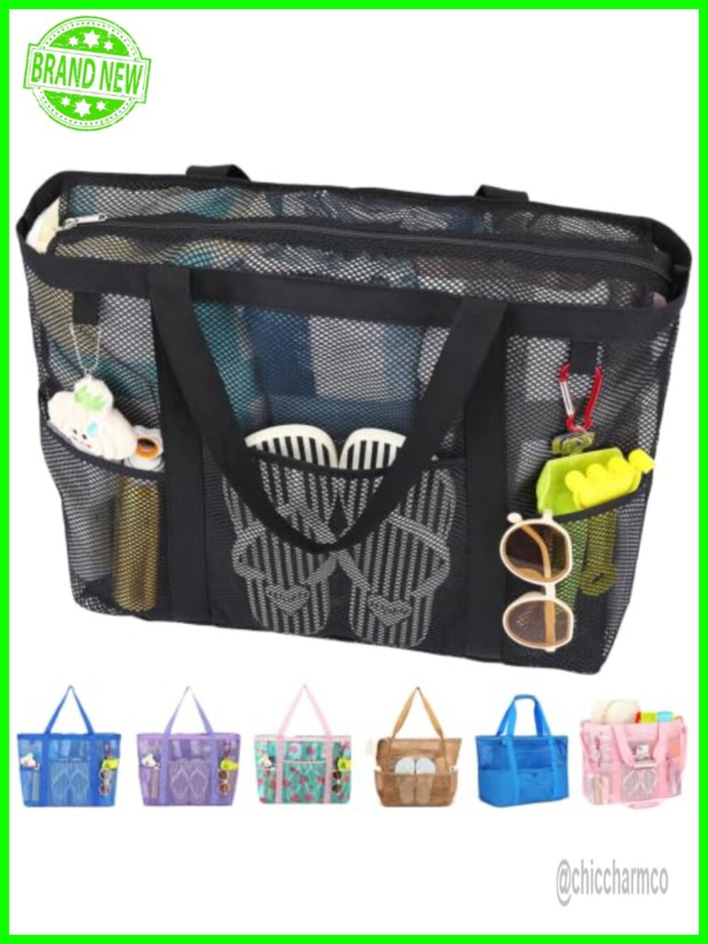 Large Mesh Beach Bag Sandproof Quick Dry Tote with 8 Pockets